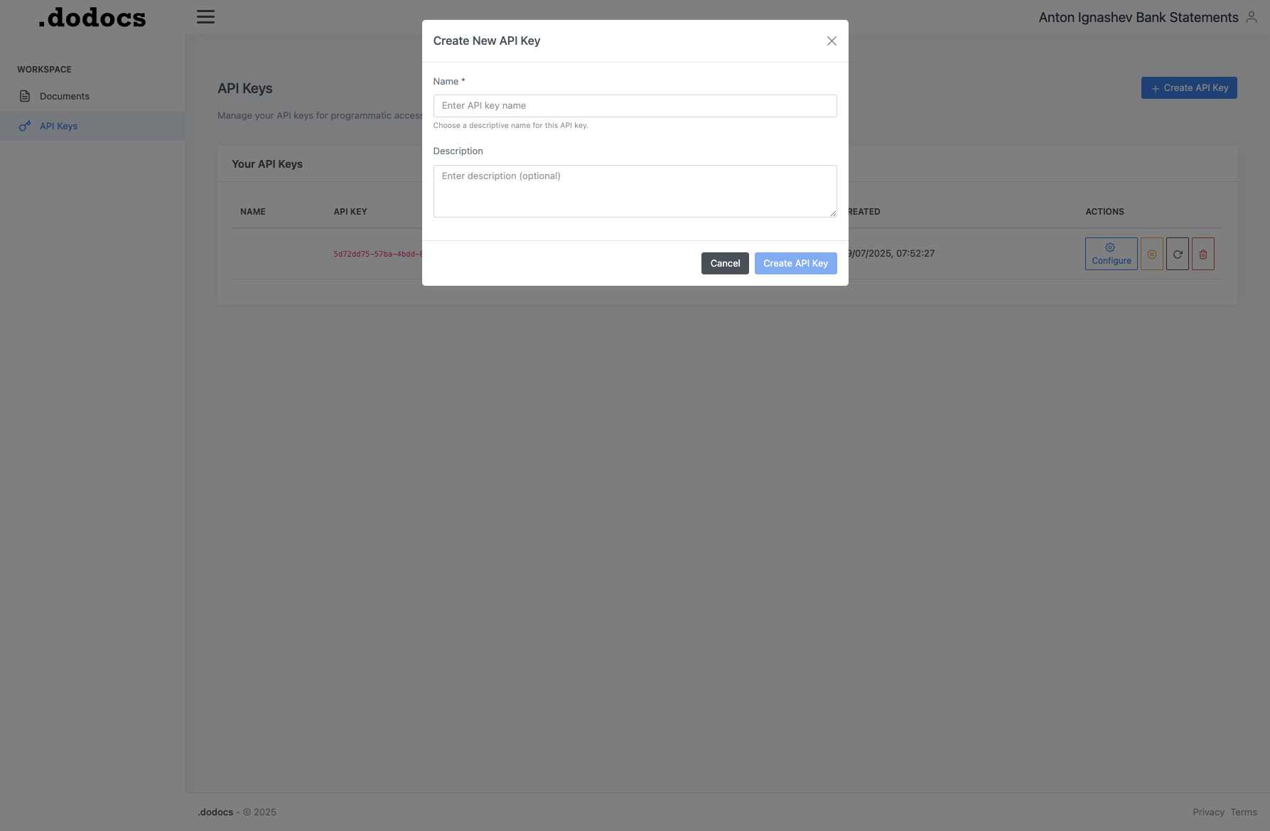 Create API Key Dialog